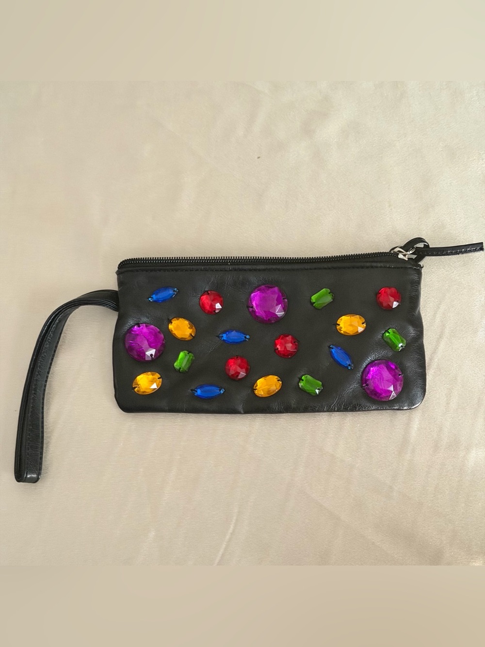 Rock Candy Black Leather Wristlet with Multicolor Jeweled Embellishments Y2K